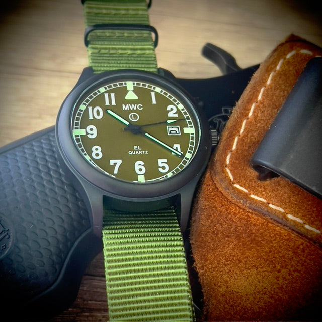 MWC G10EL Black PVD Steel General Service Watch with Olive Drab Electroluminescent (EL) Backlit Dial