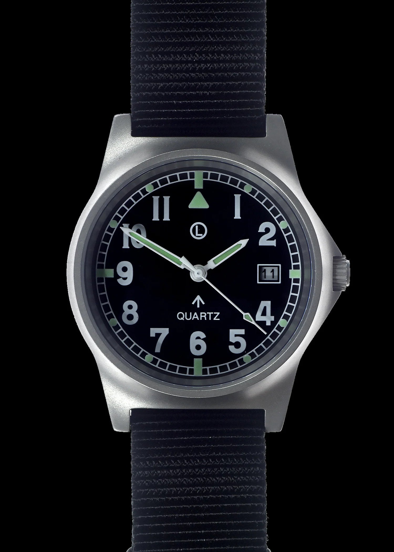 MWC G10 LM Stainless Steel Military Watch on Black Strap (Plain Engravable Caseback)