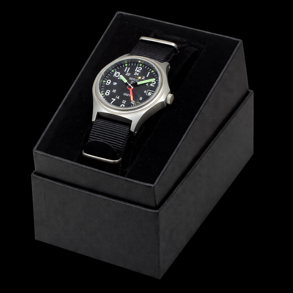 MWC GMT (Dual Time Zone) 200m/660ft Water resistant Military Watch in Stainless Steel Case with Screw Crown