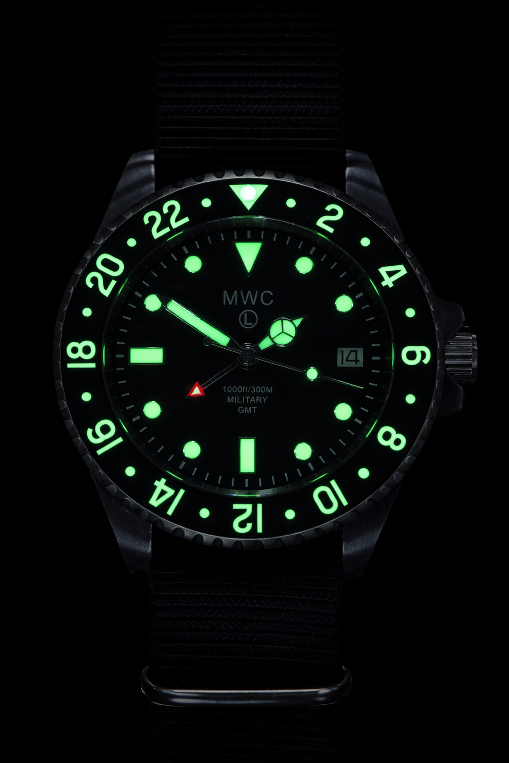 MWC Stainless Steel GMT (Dual Time Zone) Military Watch with Sapphire Crystal and Ceramic Bezel on NATO Strap