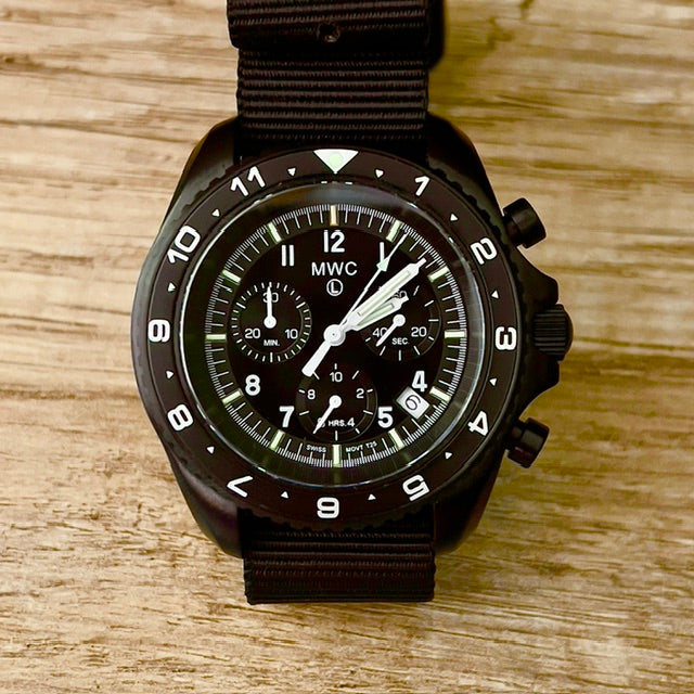 MWC NATO Pattern Stainless Steel Military Pilots Chronograph with Sapphire Crystal and Swiss Ronda Movement - 12 Hour GMT Bezel and GTLS/Tritium Illumination