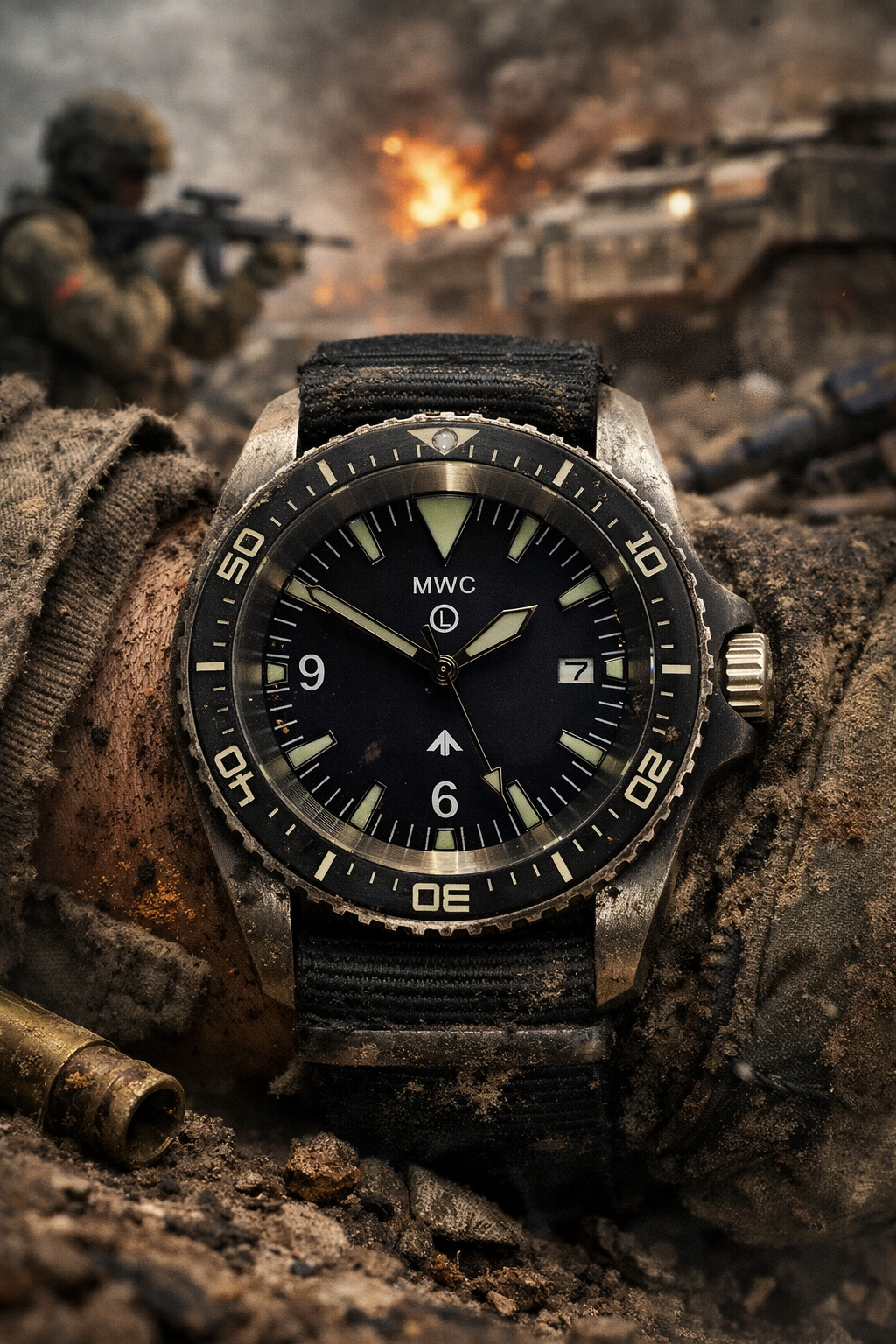 MWC Heavy Duty 300m Military Divers Watch in Stainless Steel Case (Quartz) with Sapphire Crystal and Ceramic Bezel (Solid Bar Version)