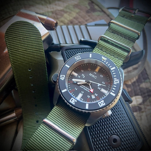 MWC "Submariner / Naval Crew Divers Watch" 500m (1,640ft) Water Resistant Dual Time Zone Military Watch in a Stainless Steel Case with GTLS and Helium Valve