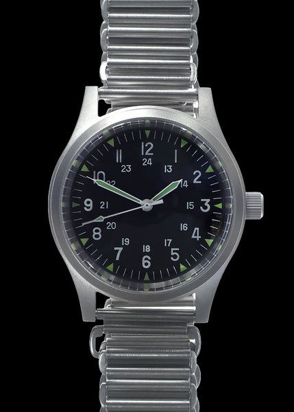 GG-W-113 U.S 1960s Pattern Automatic Military Watch with Shatter and Scratch Resistant Sapphire Box Crystal on Matching Retro Stainless Steel "Bonklip" Bracelet with an Additional Webbing Straps