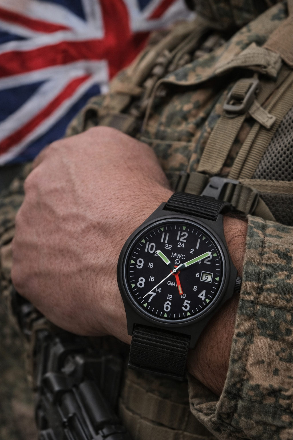 MWC GMT (Dual Time Zone) 200m/660ft Water resistant Military Watch in Black PVD Steel Case with Screw Crown