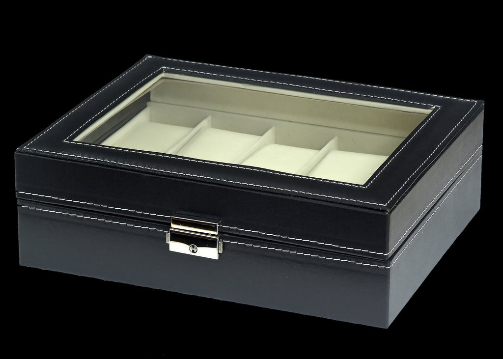 PU Leather Watch Display Case for 10 Watches with a Clear See Through Lid and Lock