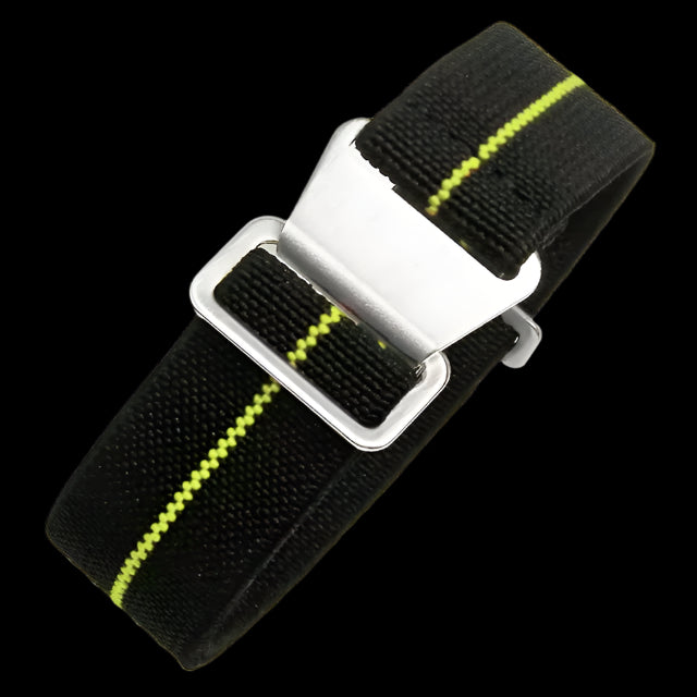 18mm Elasticated French Navy and Special Forces Strap in Black with a Yellow Stripe