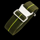 18mm Elasticated French Navy and Special Forces Strap in Green with a Yellow Stripe