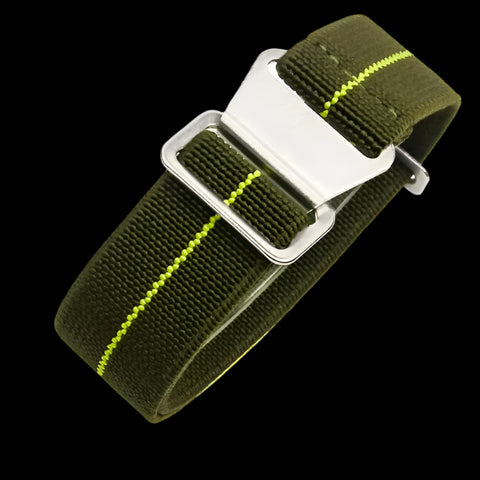 18mm Elasticated French Navy and Special Forces Strap in Green with a Yellow Stripe