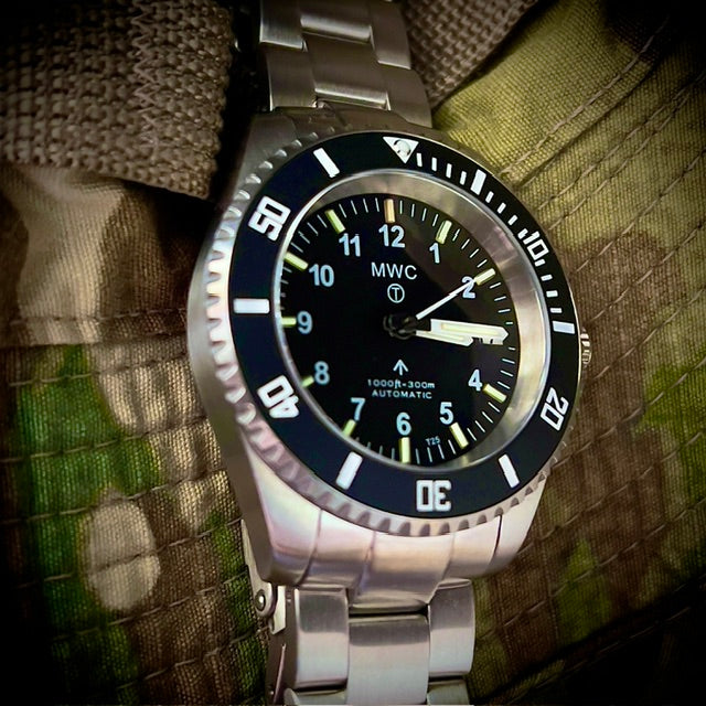 MWC 24 Jewel 300m Automatic Military Divers Watch with Tritium GTLS Illumination, Sapphire Crystal and Ceramic Bezel and Steel Bracelet