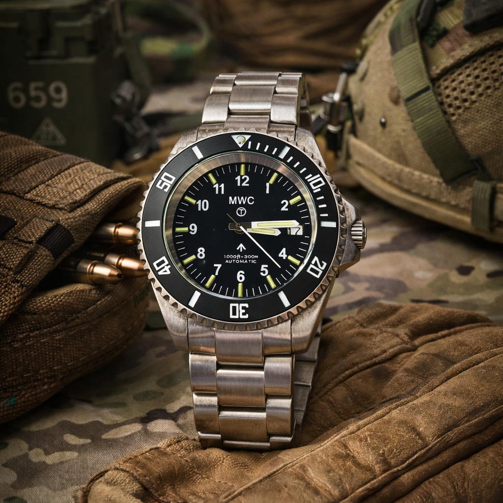 MWC 24 Jewel 300m Automatic Military Divers Watch with Tritium GTLS Illumination, Sapphire Crystal and Ceramic Bezel and Steel Bracelet