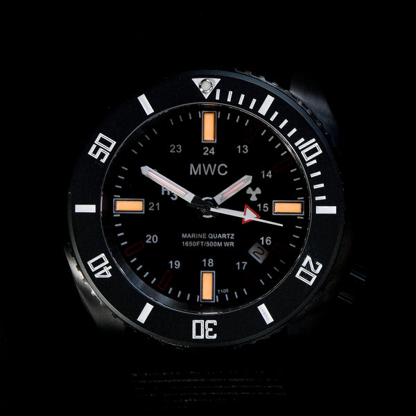 MWC "Submariner / Naval Crew Divers Watch" in Covert Black PVD 500m (1,640ft) Water Resistant Dual Time Zone Military Watch in PVD Stainless Steel Case with GTLS and Helium Valve