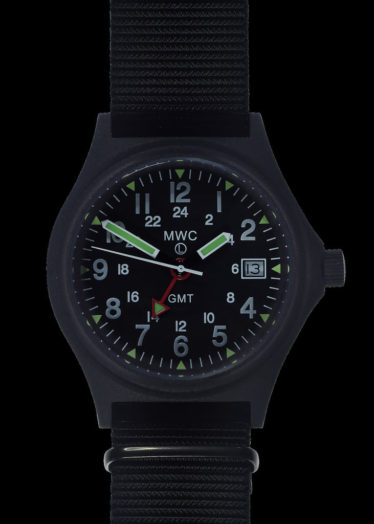 MWC GMT (Dual Time Zone) 100m Water resistant Military Watch in Black PVD Steel Case with Screw Crown