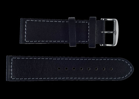 24mm MWC Branded Black Leather Watch Strap with Stainless Steel Fasteners