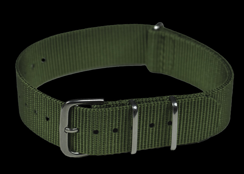 18mm Olive NATO Military Watch Strap with Brushed Steel Fasteners