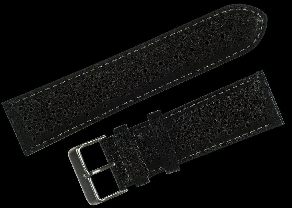 Classic 1970s / 1980s Retro Rally Pattern 18mm Black Leather Watch Strap