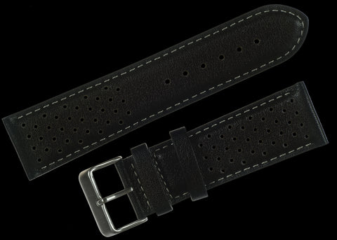 Classic 1970s / 1980s Retro Rally Pattern 24mm Black Leather Watch Strap